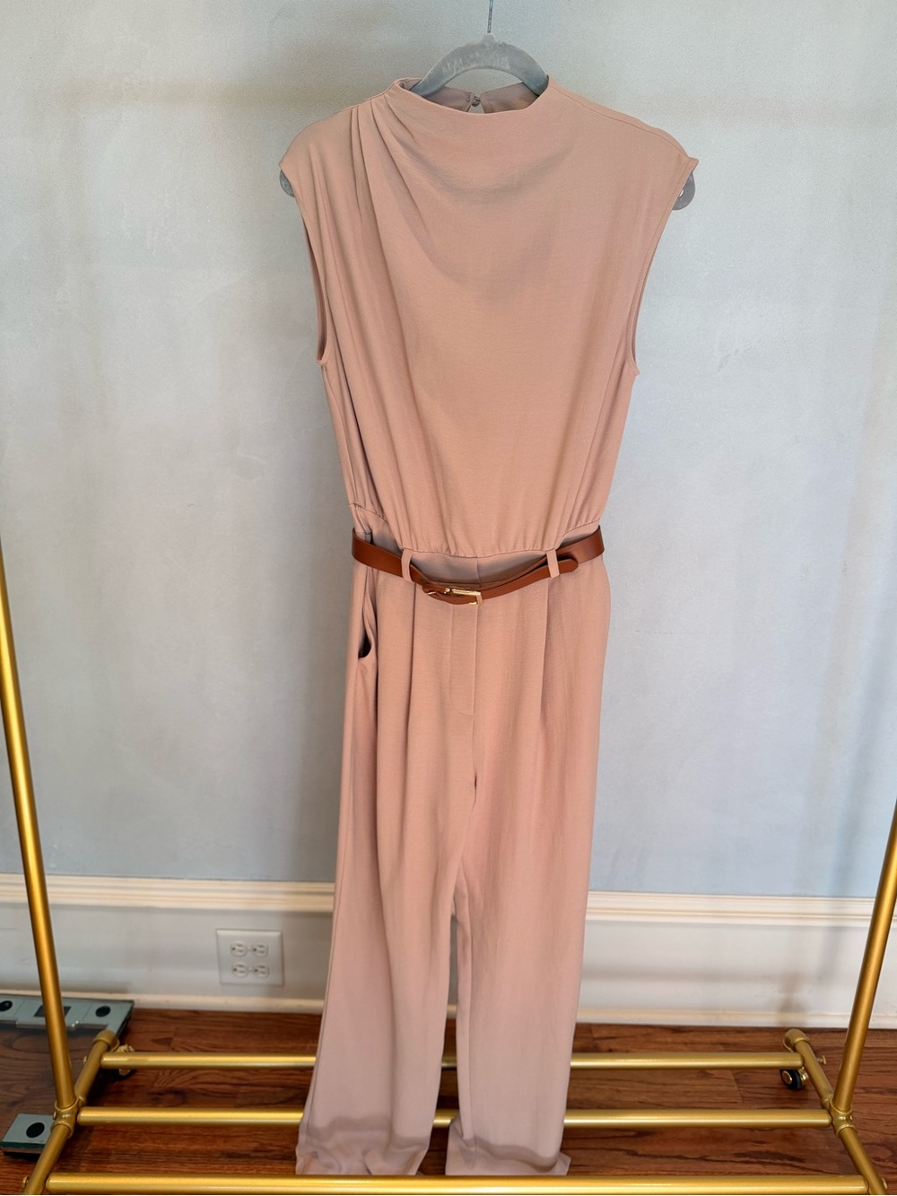 Zara Blush Pink Sleeveless Jumpsuit with Brown Belt